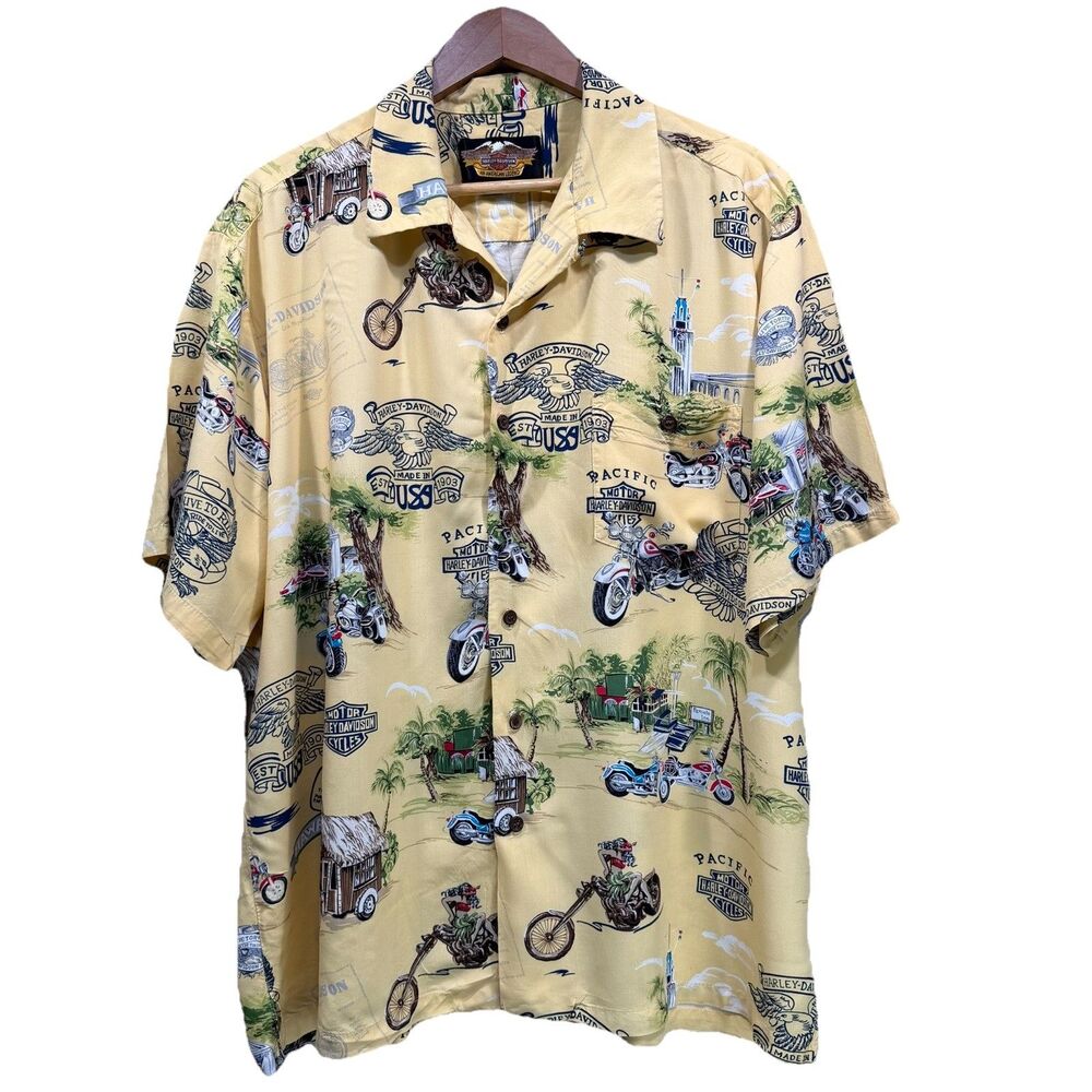 HARLEY DAVIDSON Mens XXL All Over Print Hawaiian Shirt Yellow Made In Hawaii USA